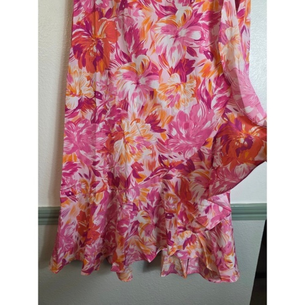 She + Sky Wrap Skirt XL Pink Orange Tropical Floral Ruffle Midi Garden Party - Picture 12 of 16